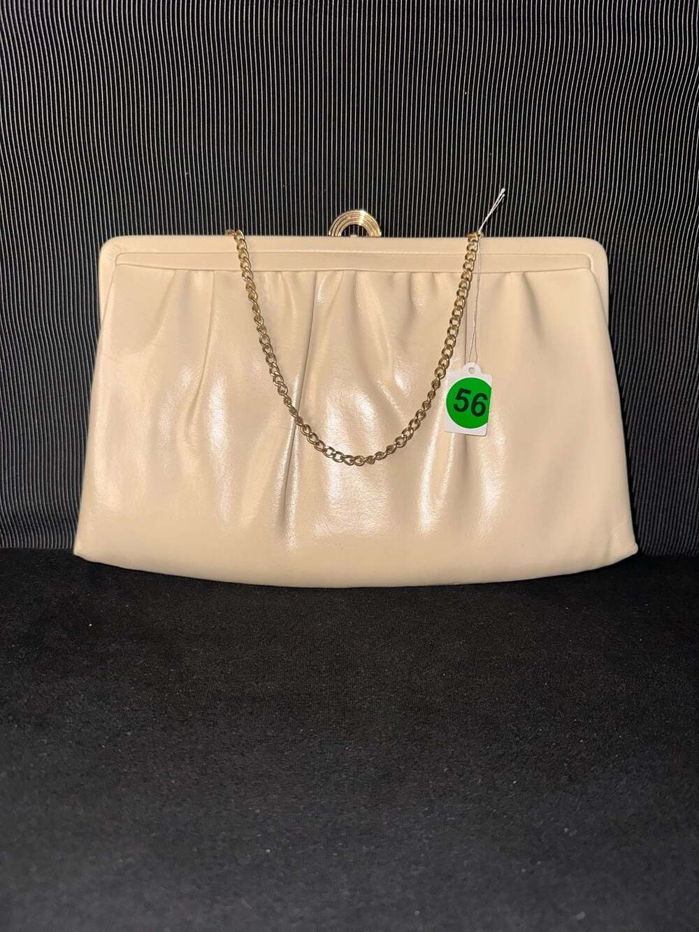 No.56 Vintage Mardane USA Cream Leather Evening Clutch with Hide-Away Chain